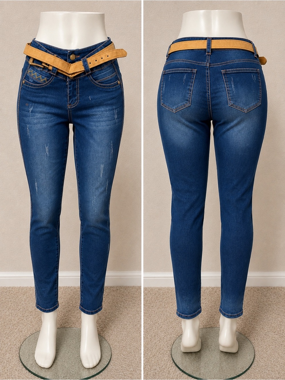 Women’s Medium Wash Skinny Jeans with Tan Belt